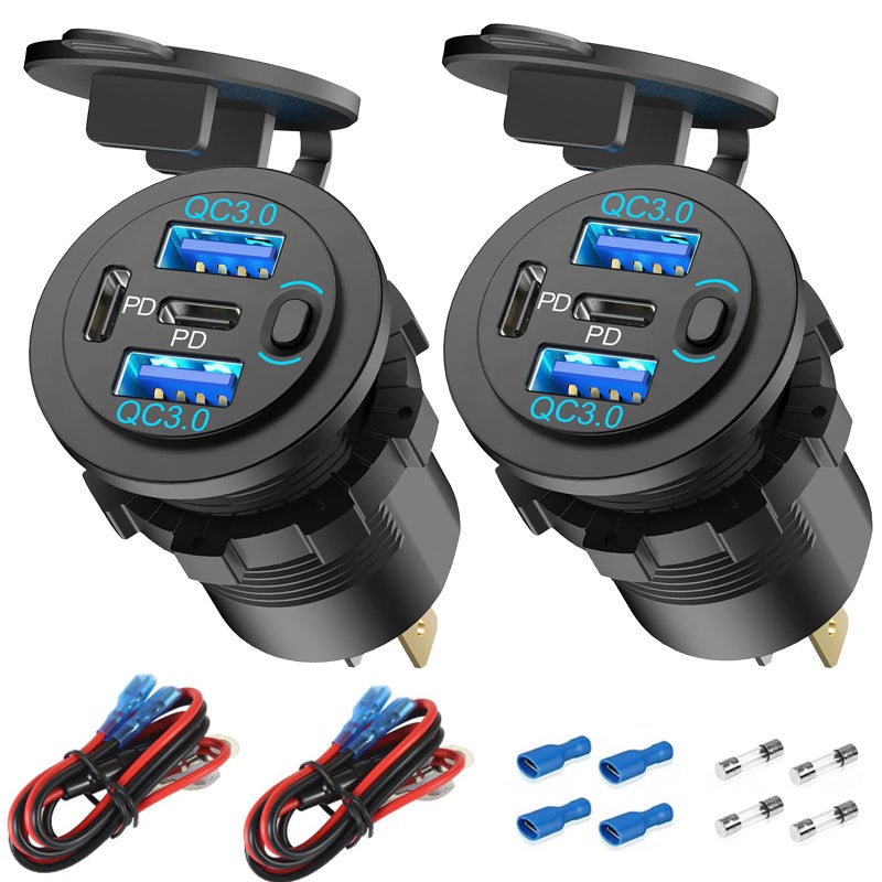 Hapytrip 2 Pack 12V USB Outlet 4 Port Car Charger, 78W Super Fast Dual PD3.0 & QC3.0 Multiple USB Port for Car, USB C Cigarette Lighter Replacement 12 Volt Socket Waterproof for Marine Boat Motorcycle RV Golf - Image 1