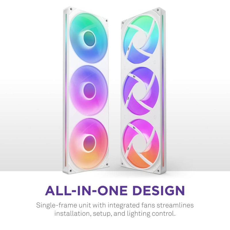 NZXT F420 RGB Core - 420mm Single-Frame Fan Unit with 3 x 140mm RGB Fans - Speed & Lighting Control - High Static Pressure & Airflow - Fluid Dynamic Bearings - 8 aRGB LEDs Per Fan - White - Image 2