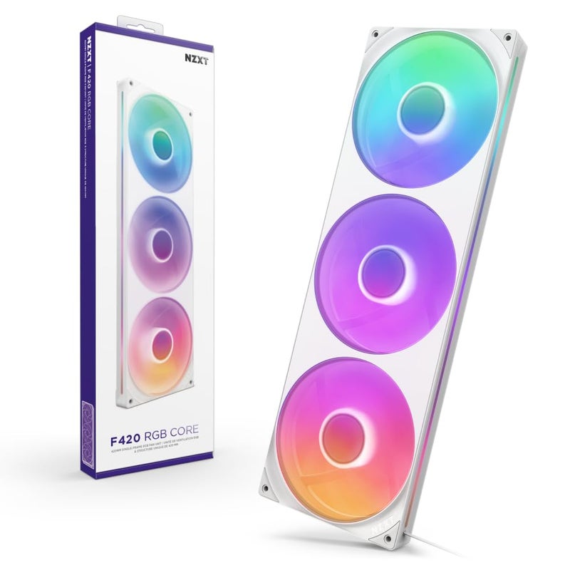 NZXT F420 RGB Core - 420mm Single-Frame Fan Unit with 3 x 140mm RGB Fans - Speed & Lighting Control - High Static Pressure & Airflow - Fluid Dynamic Bearings - 8 aRGB LEDs Per Fan - White - Image 1