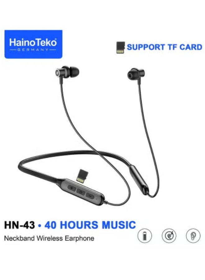 HainoTeko HN-43 Wireless Neckband Earphones with 40-Hour Playtime | Bluetooth Neckband Headset with TF Card Slot | Deep Bass Stereo Sound | Lightweight In-Ear Earphones with Mic | Magnetic Earbuds | Sweat-Resistant Sports Design | Black | Long Battery Life - Image 1