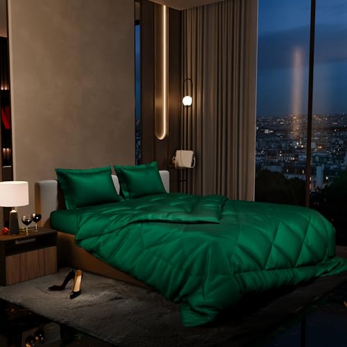 Stoa Paris 300 Tc Satin Comforter Set Double Bed with Satin Bedsheet & Pillow Covers, Complete Bedding Set, Ideal Gifts for Couples, Bedroom Home Furnishing, Date Night Collection - Emerald Green - Image 1