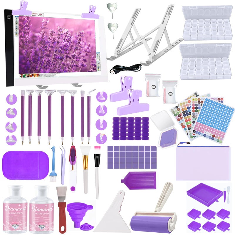 DNSGOOR 186Pcs All Inclusive Diamond Art Accessories Kit Diamond Painting A4 LED Light Pad Set with Diamond Art Sealer Glue Stand Storage Case Pens 5D Painting Tools for DIY Drill Craft - Image 1