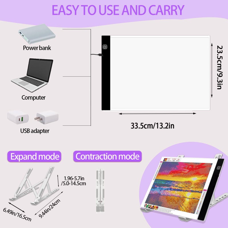 DNSGOOR 186Pcs All Inclusive Diamond Art Accessories Kit Diamond Painting A4 LED Light Pad Set with Diamond Art Sealer Glue Stand Storage Case Pens 5D Painting Tools for DIY Drill Craft - Image 2