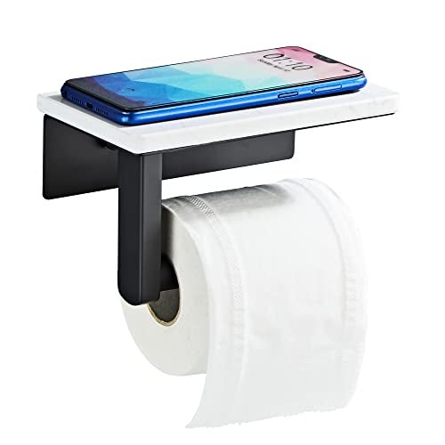 BTHRMHW Matte Black Toilet Paper Holder with Shelf, 304 Stainless Steel Screw Wall Mounted, Marble Tissue Roll Holder with Storage - Image 1