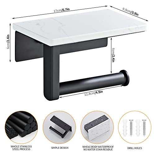 BTHRMHW Matte Black Toilet Paper Holder with Shelf, 304 Stainless Steel Screw Wall Mounted, Marble Tissue Roll Holder with Storage - Image 3
