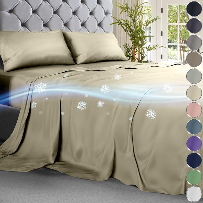 COOLING SHEETS QUEEN SET 4PCS LUXURIOUS ULTRASOFT COOLING BED SHEETS QUEEN SIZE FOR HOT SLEEPERS COMFORTABLE BAMBOO VISCOSE MICROFIBER QUEEN BED SHEETS SET COOLING CREAM