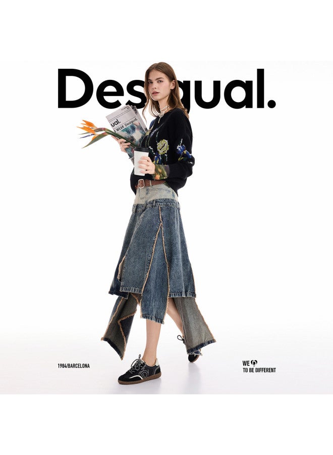 DESIGUAL تنورة مقسمة ذات حزام مزدوج بلونين بتصميم مفكك من رقع خريف/شتاء 2025 - Image 2