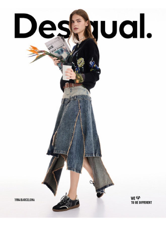 DESIGUAL تنورة مقسمة ذات حزام مزدوج بلونين بتصميم مفكك من رقع خريف/شتاء 2025 - Image 1