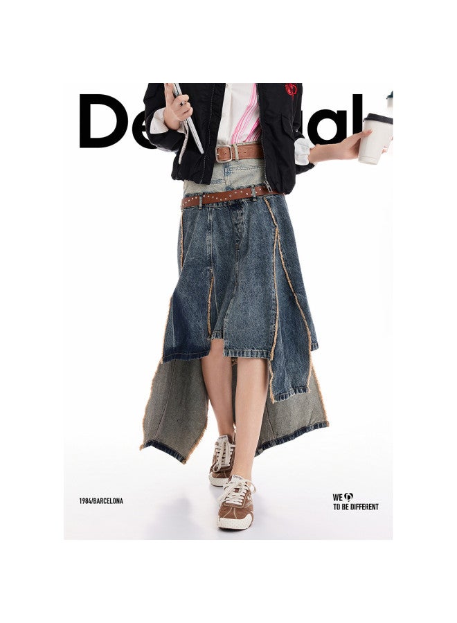 DESIGUAL تنورة مقسمة ذات حزام مزدوج بلونين بتصميم مفكك من رقع خريف/شتاء 2025 - Image 5