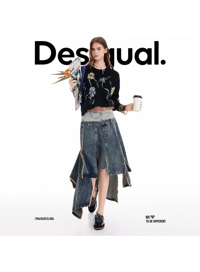 DESIGUAL تنورة مقسمة ذات حزام مزدوج بلونين بتصميم مفكك من رقع خريف/شتاء 2025 - Image 3