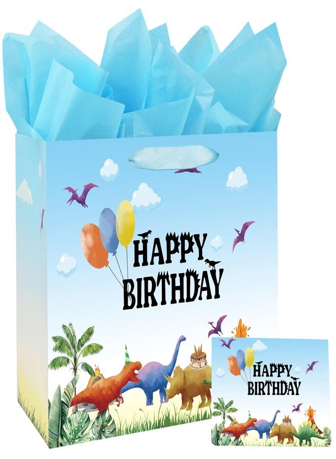 Laidans 13" Large Watercolor Dinosaur Birthday Gift Bag for Boy Kids with Card and Tissue Papers (13" Blue) - Image 1