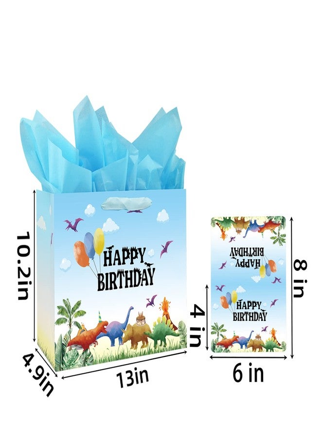 Laidans 13" Large Watercolor Dinosaur Birthday Gift Bag for Boy Kids with Card and Tissue Papers (13" Blue) - Image 2
