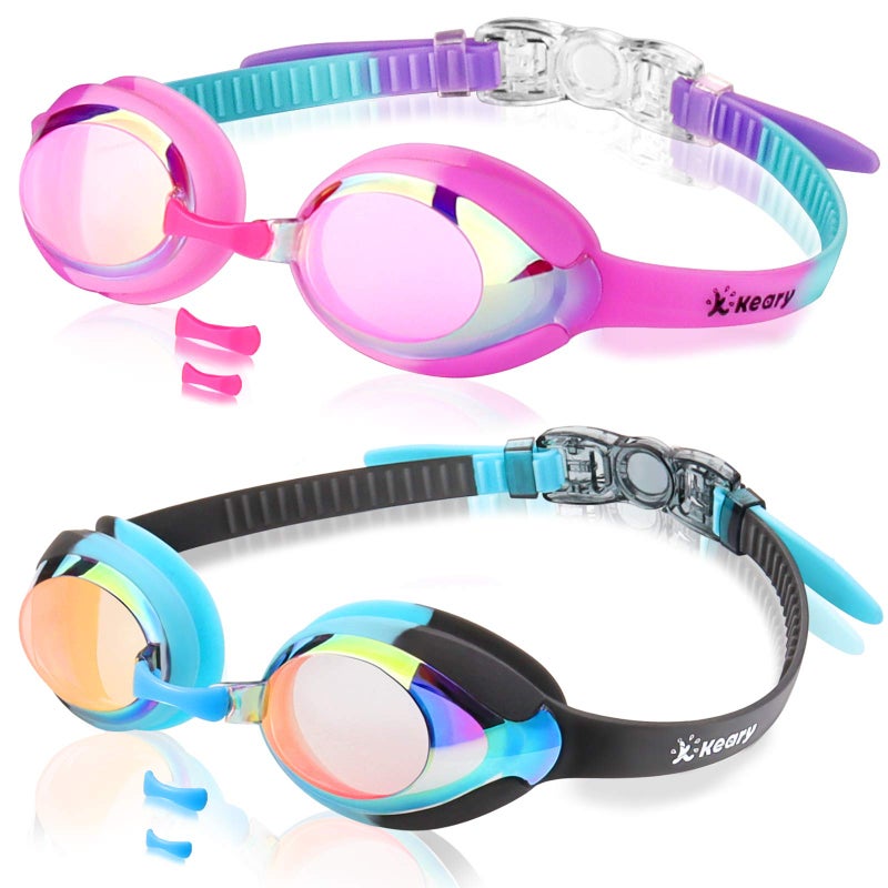 Keary 2 Pack Kids Swim Goggles Swimming Goggles for Toddler Children Girls Boys Youth, Anti-Fog Waterproof Anti-UV Clear Vision Mirror Flat Lens Water Pool Goggles with 3 Nose Piece, Pink Kids Goggles - Image 1