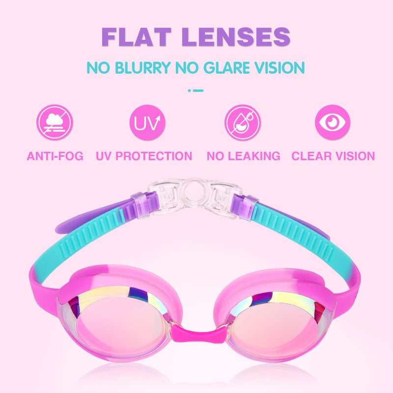 Keary 2 Pack Kids Swim Goggles Swimming Goggles for Toddler Children Girls Boys Youth, Anti-Fog Waterproof Anti-UV Clear Vision Mirror Flat Lens Water Pool Goggles with 3 Nose Piece, Pink Kids Goggles - Image 2