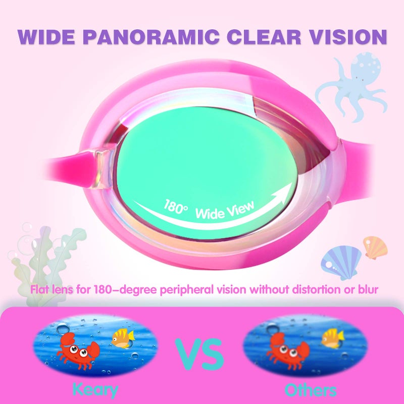 Keary 2 Pack Kids Swim Goggles Swimming Goggles for Toddler Children Girls Boys Youth, Anti-Fog Waterproof Anti-UV Clear Vision Mirror Flat Lens Water Pool Goggles with 3 Nose Piece, Pink Kids Goggles - Image 5