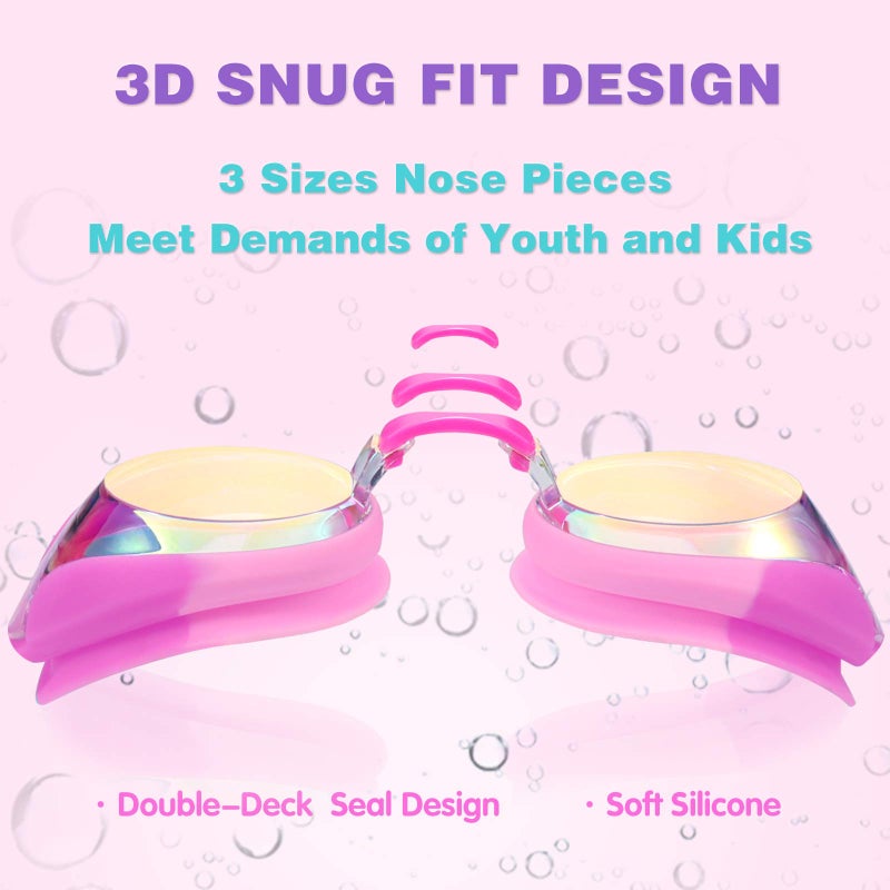 Keary 2 Pack Kids Swim Goggles Swimming Goggles for Toddler Children Girls Boys Youth, Anti-Fog Waterproof Anti-UV Clear Vision Mirror Flat Lens Water Pool Goggles with 3 Nose Piece, Pink Kids Goggles - Image 3