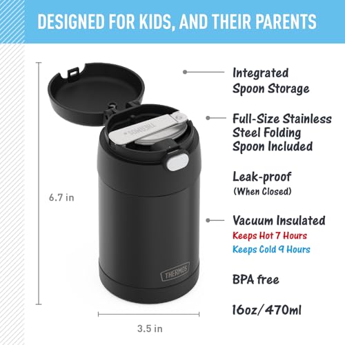 THERMOS FUNTAINER Insulated Food Jar, 16 Ounce, Kid Friendly Food Jar with Foldable Spoon, Matte Black - Image 2