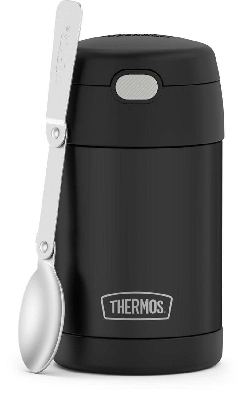 THERMOS FUNTAINER Insulated Food Jar, 16 Ounce, Kid Friendly Food Jar with Foldable Spoon, Matte Black - Image 1
