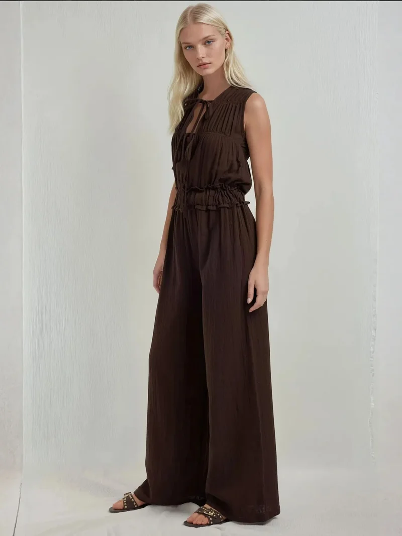 HICCUP Textured Wide Leg Jumpsuit with Crew Neck
