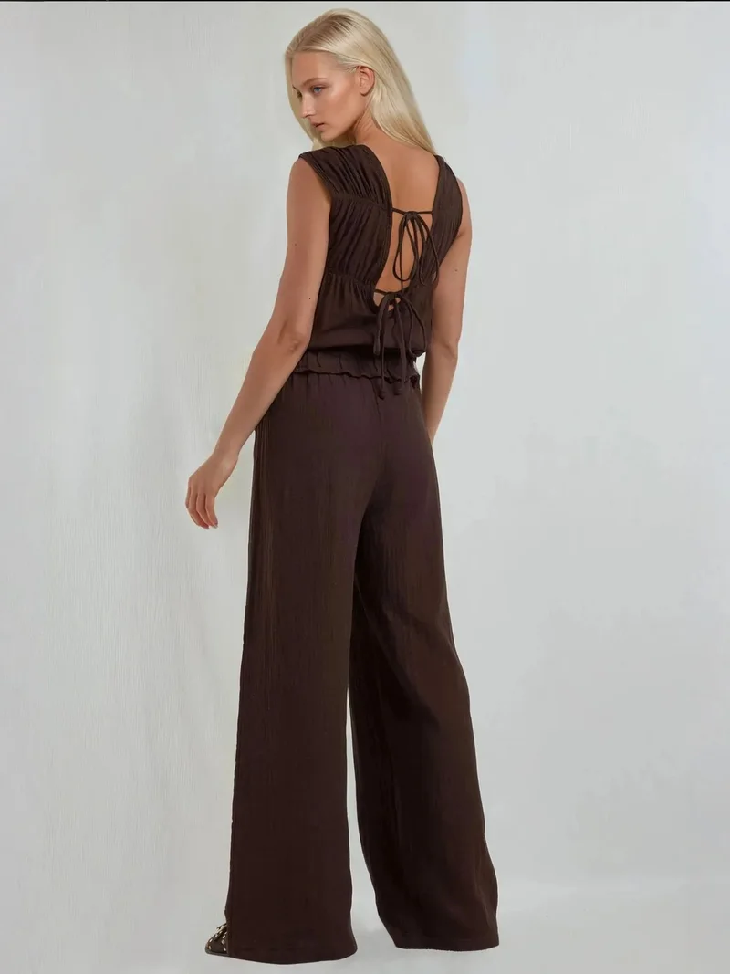 HICCUP Textured Wide Leg Jumpsuit with Crew Neck