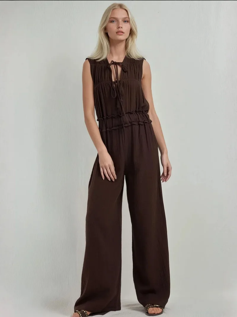 Textured Wide Leg Jumpsuit with Crew Neck