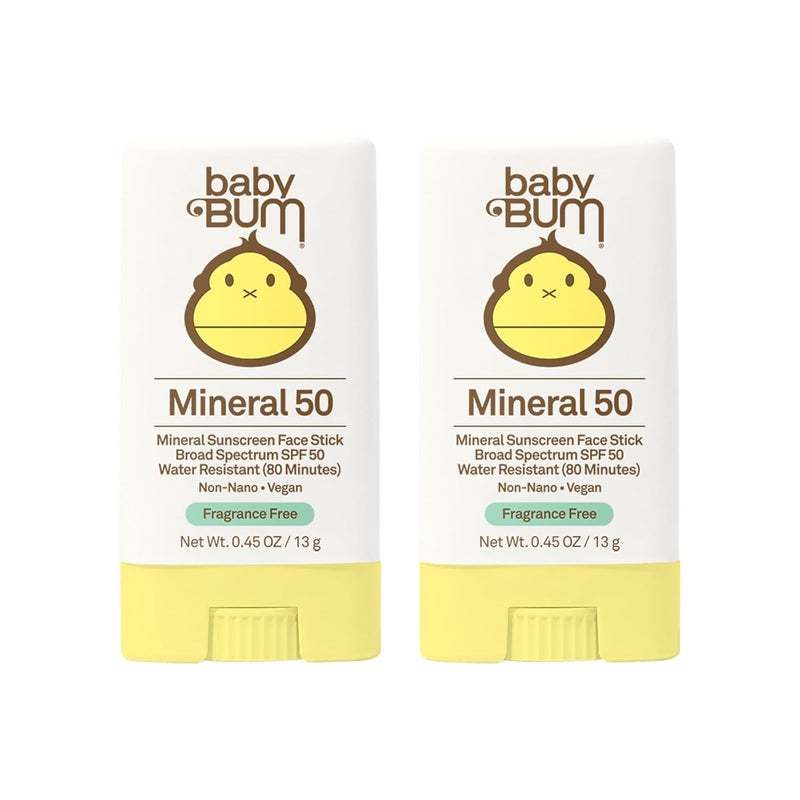 Sun Bum عصا واقي شمس معدني للوجه من بيبي بوم - SPF 50 - حماية من UVA و UVB للوجه والجسم - خالية من العطور وآمنة للبشرة الحساسة - حجم سفر 0.45 أونصة (عبوة من 2) - Image 1
