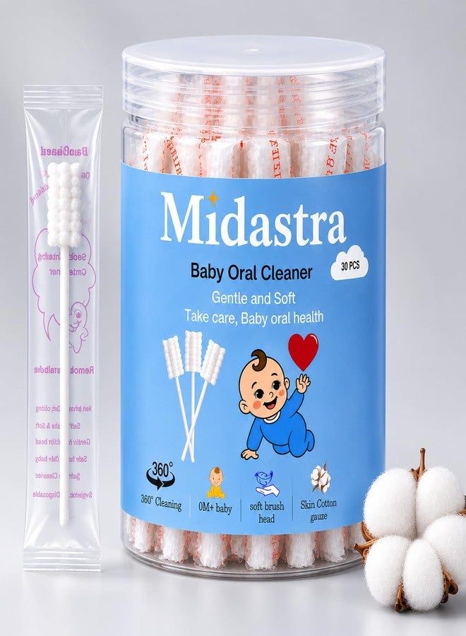 MIDASTRA شاش تنظيف لسان الأطفال من ميداسترا، فرشاة أسنان للأطفال للاستخدام مرة واحدة، فرشاة أسنان للأطفال الصغار لتنظيف الأسنان والفم واللثة، عصا تنظيف أسنان للأطفال الرضع، 30 قطعة، دليل الاستخدام، أبيض - Image 1