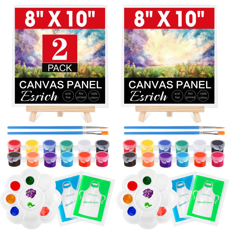 ESRICH 2 Pack 8x10 Canvas and Easel Set, Mini Acrylic Paint, Paint Brushes, Palettes, Aprons, Sip and Paint Kits for Adults Couples Friends Date Night Painting Party Supplies - Image 1