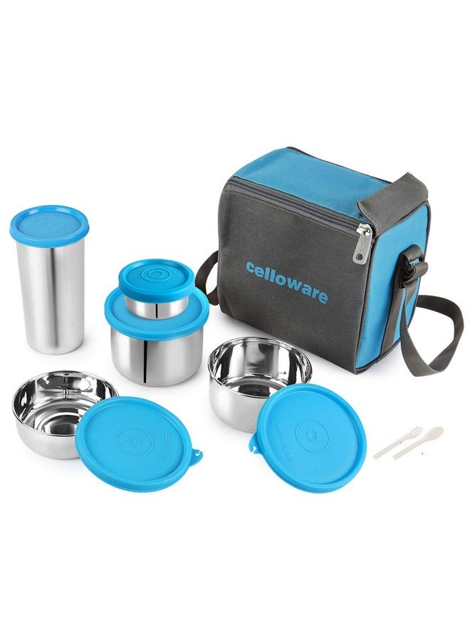 Cello CELLO Steelox Stainless Steel Lunch Box Set of 5 with Bag (Capacities - 50ml, 225ml, 375ml, 550ml, 375ml Tumbler), Blue | Tiffin Box with Jacket | Leakproof | Ideal for Office, School, College  - Image 1