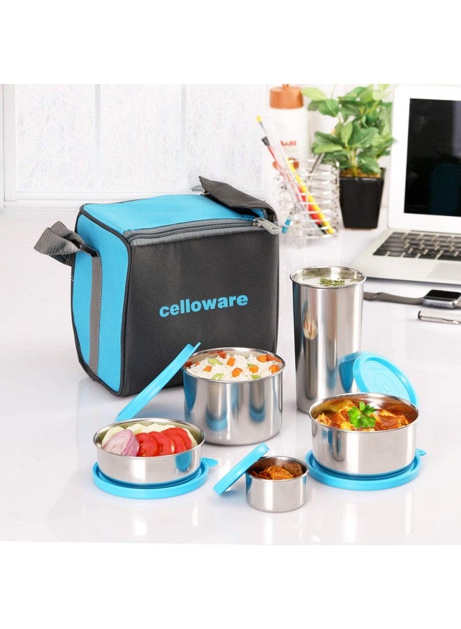 Cello CELLO Steelox Stainless Steel Lunch Box Set of 5 with Bag (Capacities - 50ml, 225ml, 375ml, 550ml, 375ml Tumbler), Blue | Tiffin Box with Jacket | Leakproof | Ideal for Office, School, College  - Image 2