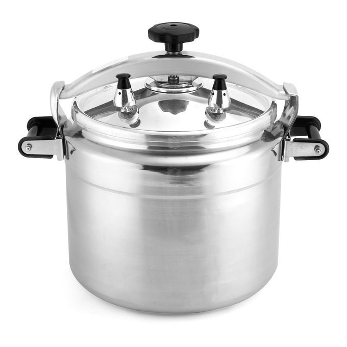 26 QUART CLAMP ON PRESSURE COOKER ALUMINUM PRESSURE COOKER WULTRA SAFE CLAMP BAR LOCKING SYSTEM DOUBLE VALVES FOR STABLE COOKING PRESSURE FOR FAMILY OR COMMERCIAL USE