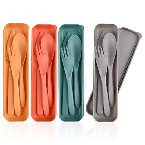CUNTAUK Reusable Travel Utensils Set with Case, 4 Sets Plastic Portable Knife Fork Spoons Tableware for Kids Adults Travel Picnic Camping Utensils - Image 1