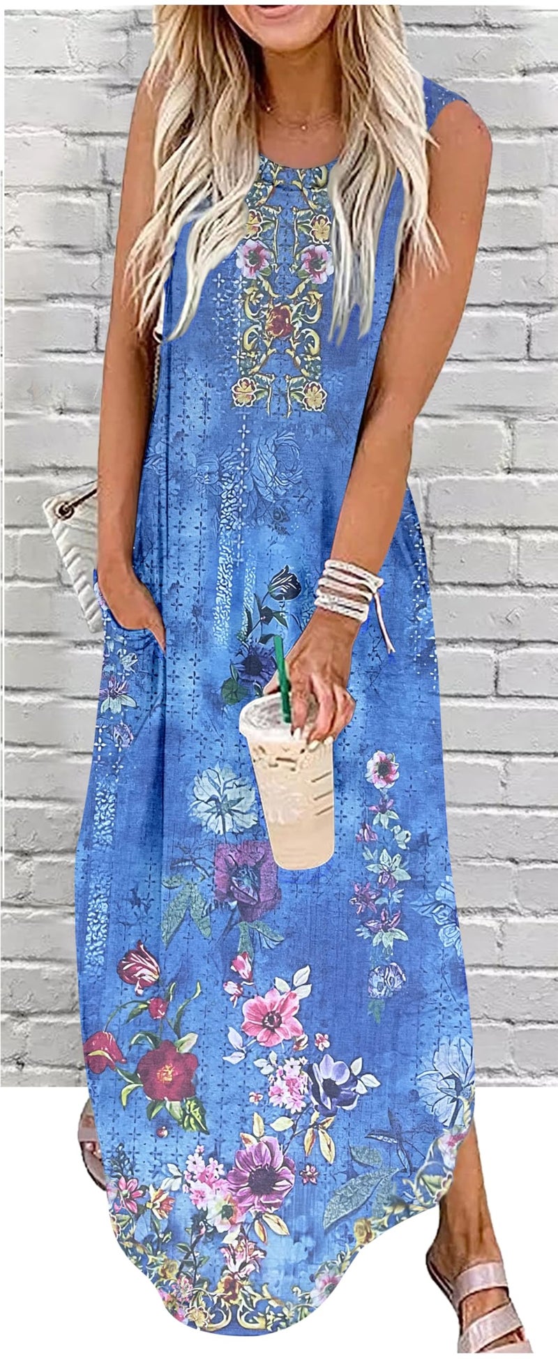 CHUNTIANRAN Women's Floral Boho Summer Dresses Casual Loose Sundress Long Dresses Striped Sleeveless Beach Maxi Dresses with Pockets(Small,Floral Blue2) - Image 2
