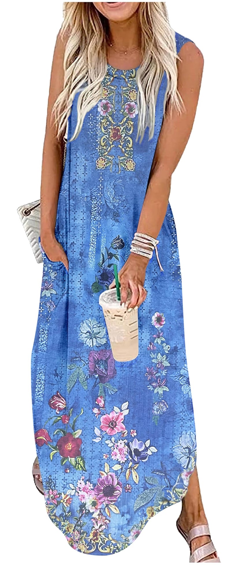 CHUNTIANRAN Women's Floral Boho Summer Dresses Casual Loose Sundress Long Dresses Striped Sleeveless Beach Maxi Dresses with Pockets(Small,Floral Blue2) - Image 4