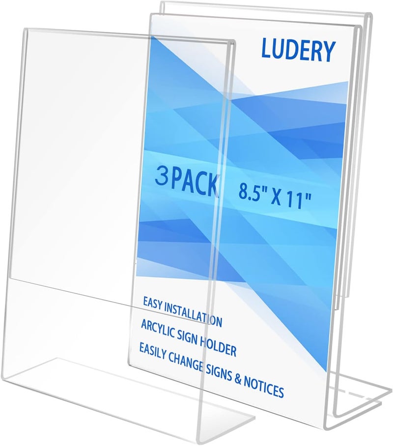 Ludery 8.5x11 Inches Acrylic Sign Slant Back Holder, Plastic Display Stand,Brochure Holder, Table Top Sign Holder For Office, Home, Store, Restaurant… (3pack) - Image 1