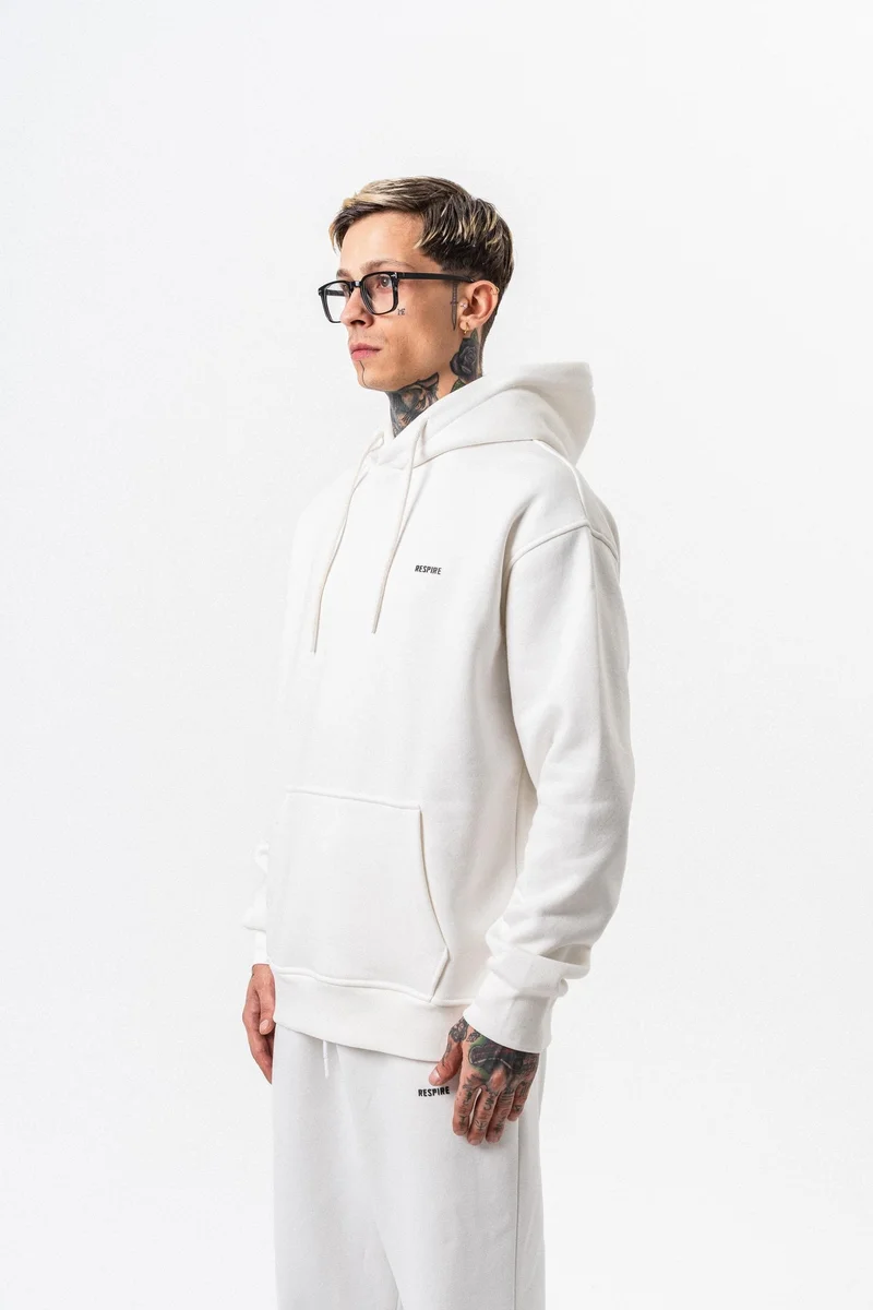 ريسباير هودي رجالي أساسي واسع (Oversize) بغطاء رأس بتفاصيل نص "Respire" لون إيكرو