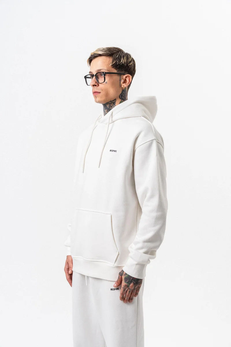 ريسباير هودي رجالي أساسي واسع (Oversize) بغطاء رأس بتفاصيل نص "Respire" لون إيكرو