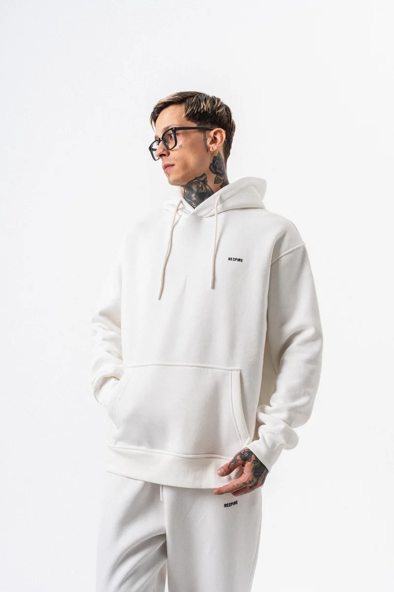 RESPIRE Men's Respire Letter Detail Basic Hooded Oversize Hoodie Ecru
