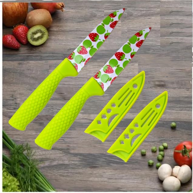 9UP Stainless Steel Fruit Printed Kitchen Knife Chef Knife Set with NonSlip Handle and Blade Cover Pack of 2Set MultiDesign - Image 2