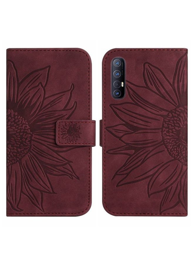 HuHa Case Cover For OPPO Reno3 Pro 5G/Find X2 Neo Skin Feel Sun Flower Pattern Flip Leather Phone Case with Lanyard Wine Red 