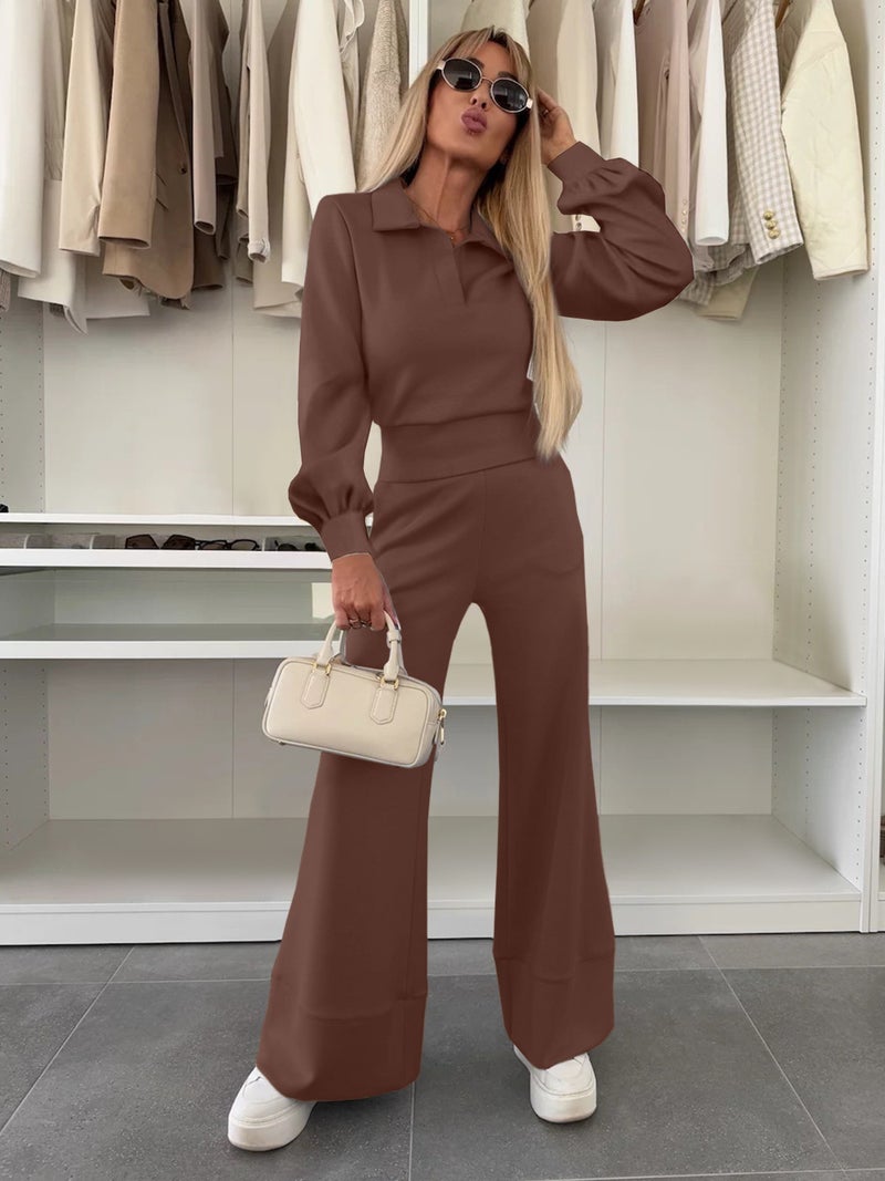 Casual Long Sleeve Top with Elastic Waist Wide Leg Pants Two Piece Set - Image 4
