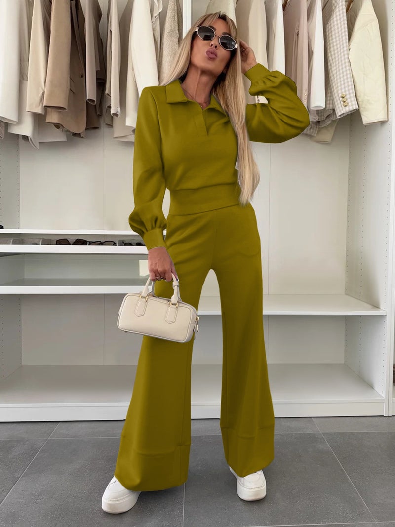 Casual Long Sleeve Top with Elastic Waist Wide Leg Pants Two Piece Set - Image 3