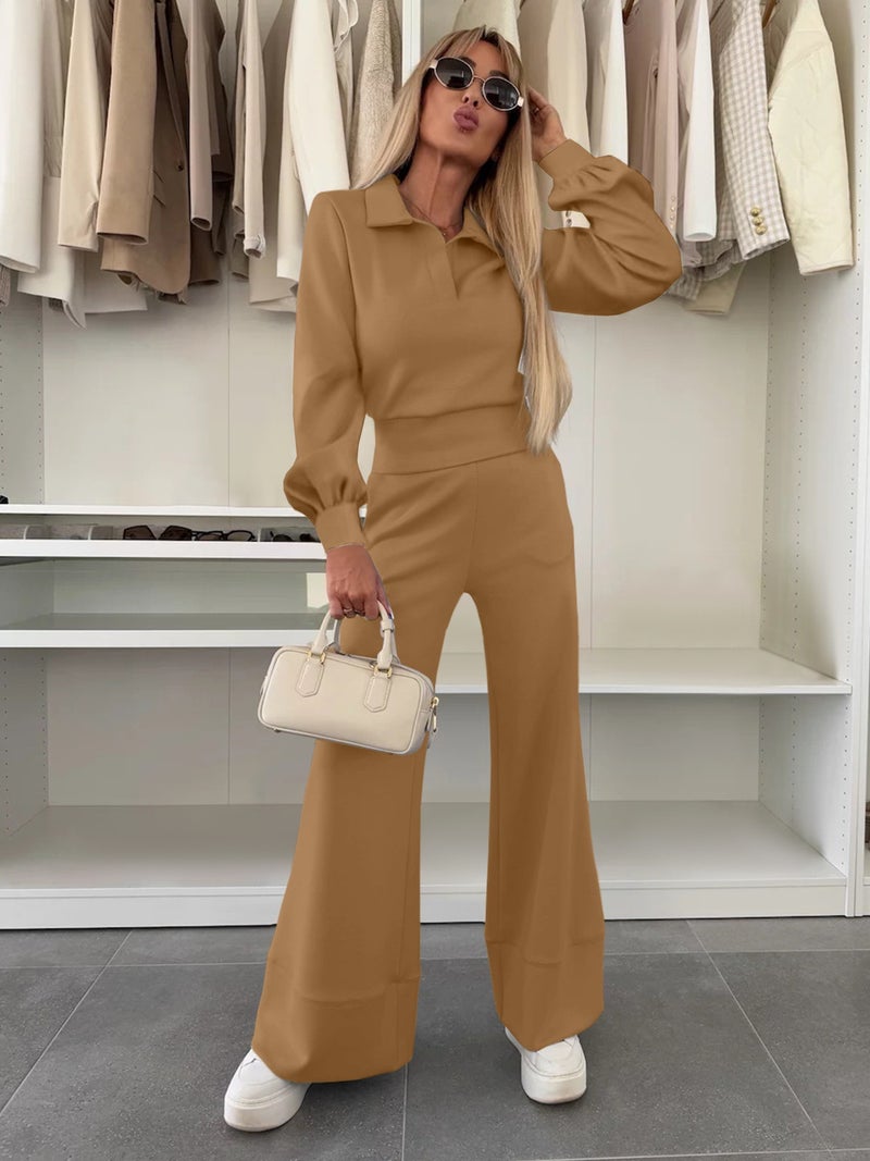 Casual Long Sleeve Top with Elastic Waist Wide Leg Pants Two Piece Set - Image 2