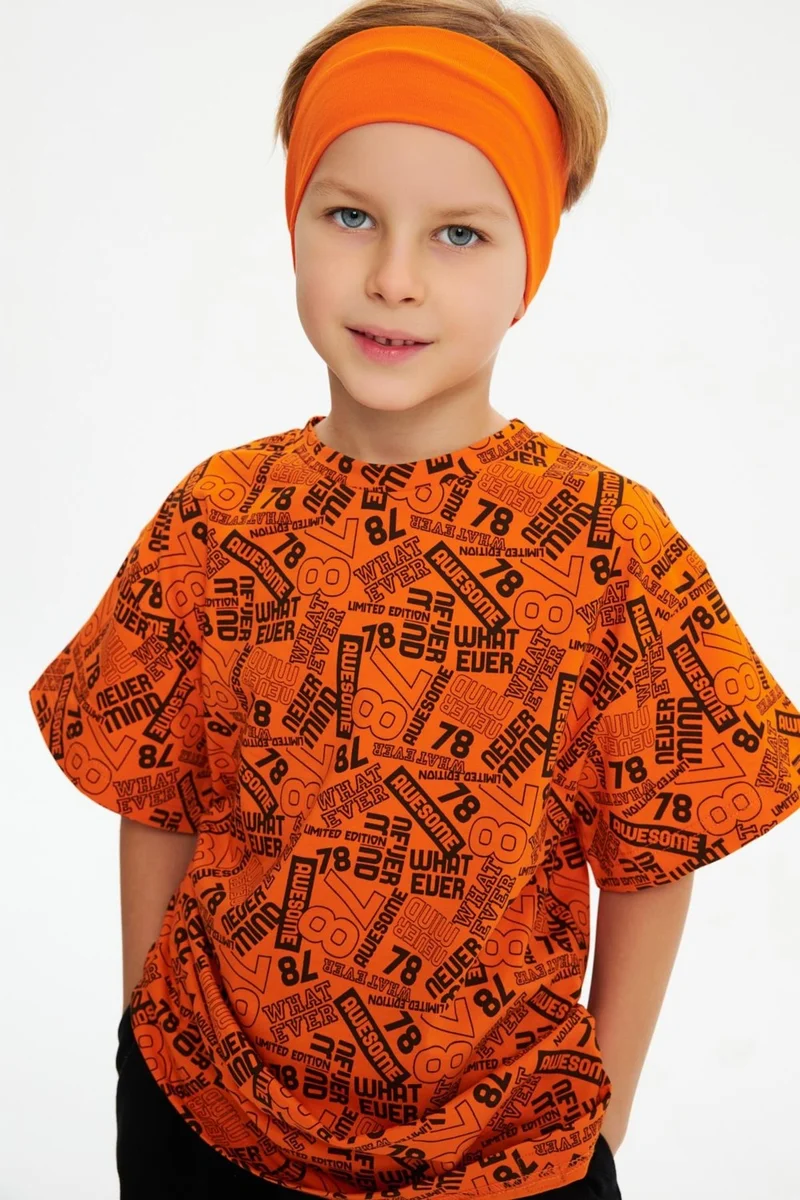 Babygiz Orange-Orange Boy's Cotton Oversize Orange T-Shirt Orange Bandana Set of 2