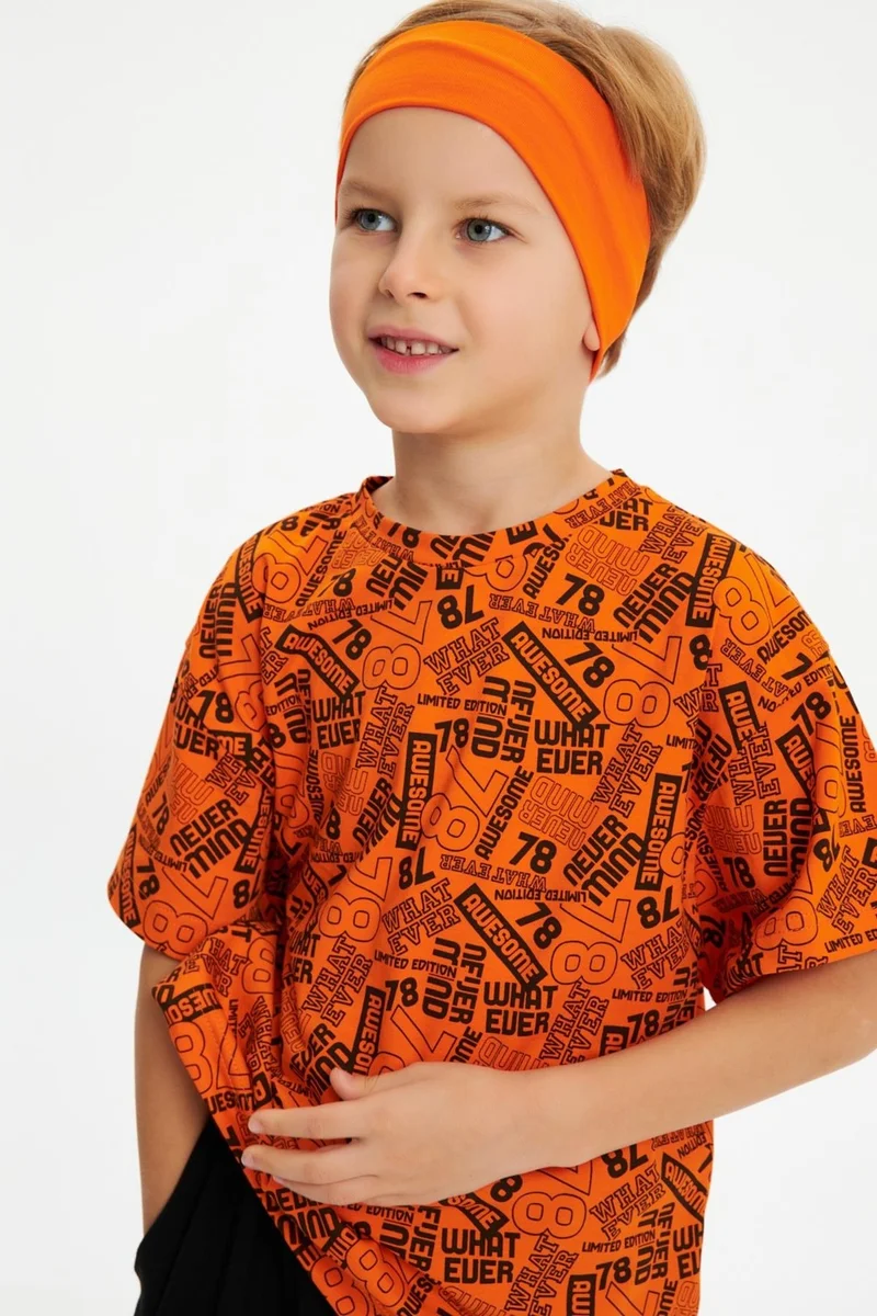 Babygiz Orange-Orange Boy's Cotton Oversize Orange T-Shirt Orange Bandana Set of 2