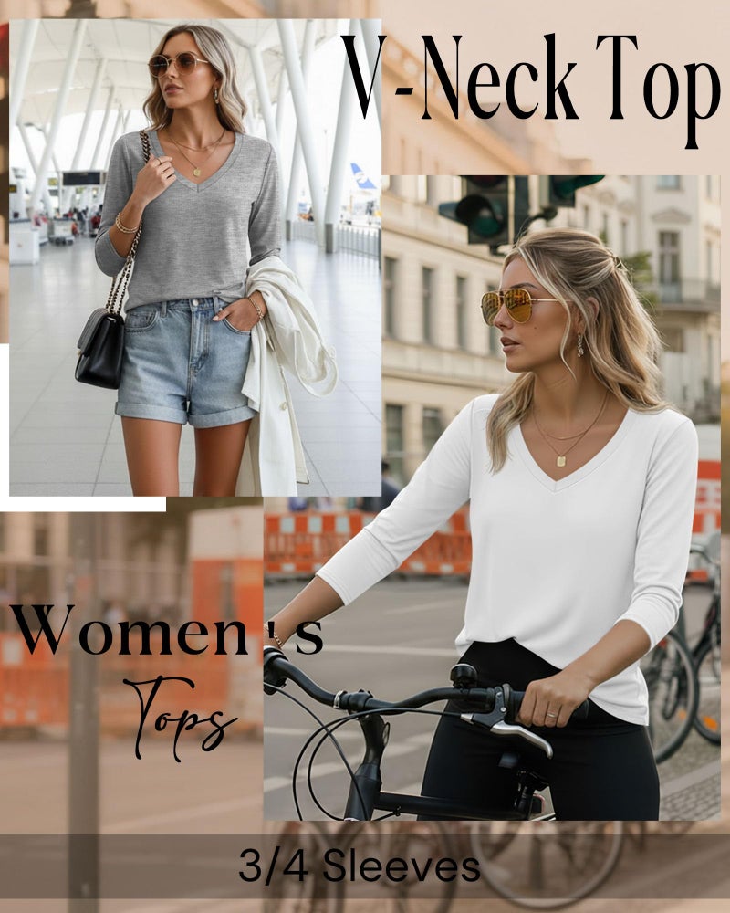 Ficerd 4 Pack Women's 3/4 Sleeve T Shirts, V Neck Casual Tunic Tops Loose Fit Cotton Basic Shirts Solid Color Fashion Tees(Black, White, Light Mixed Gray, Khaki,Large) - Image 4