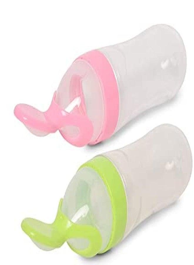 POPREX Newborn Baby Feeding Bottle Toddler Safe Silicone Squeeze Feeding Spoon Milk Cereal Bottle Baby Training Feeder (Random Color/90 ml) (Pink+Green, Pack of 2 - Image 1
