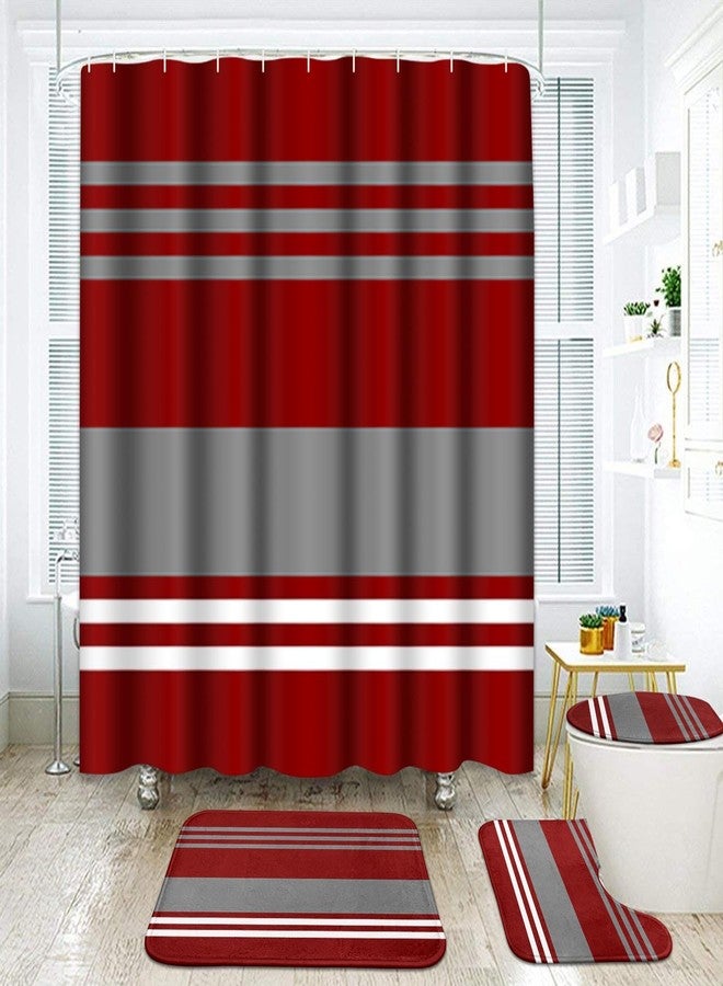 ArtSocket Burgundy Stripes Bathroom Set with Shower Curtain and Rugs Accessory, Grey Line Vintage Abstract Beautiful Shower Curtain for Bathroom Decor 4 Pcs - Image 1