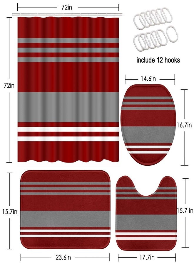 ArtSocket Burgundy Stripes Bathroom Set with Shower Curtain and Rugs Accessory, Grey Line Vintage Abstract Beautiful Shower Curtain for Bathroom Decor 4 Pcs - Image 2