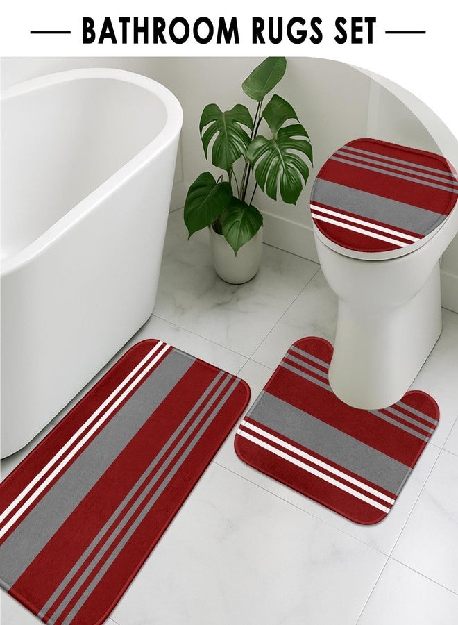 ArtSocket Burgundy Stripes Bathroom Set with Shower Curtain and Rugs Accessory, Grey Line Vintage Abstract Beautiful Shower Curtain for Bathroom Decor 4 Pcs - Image 5